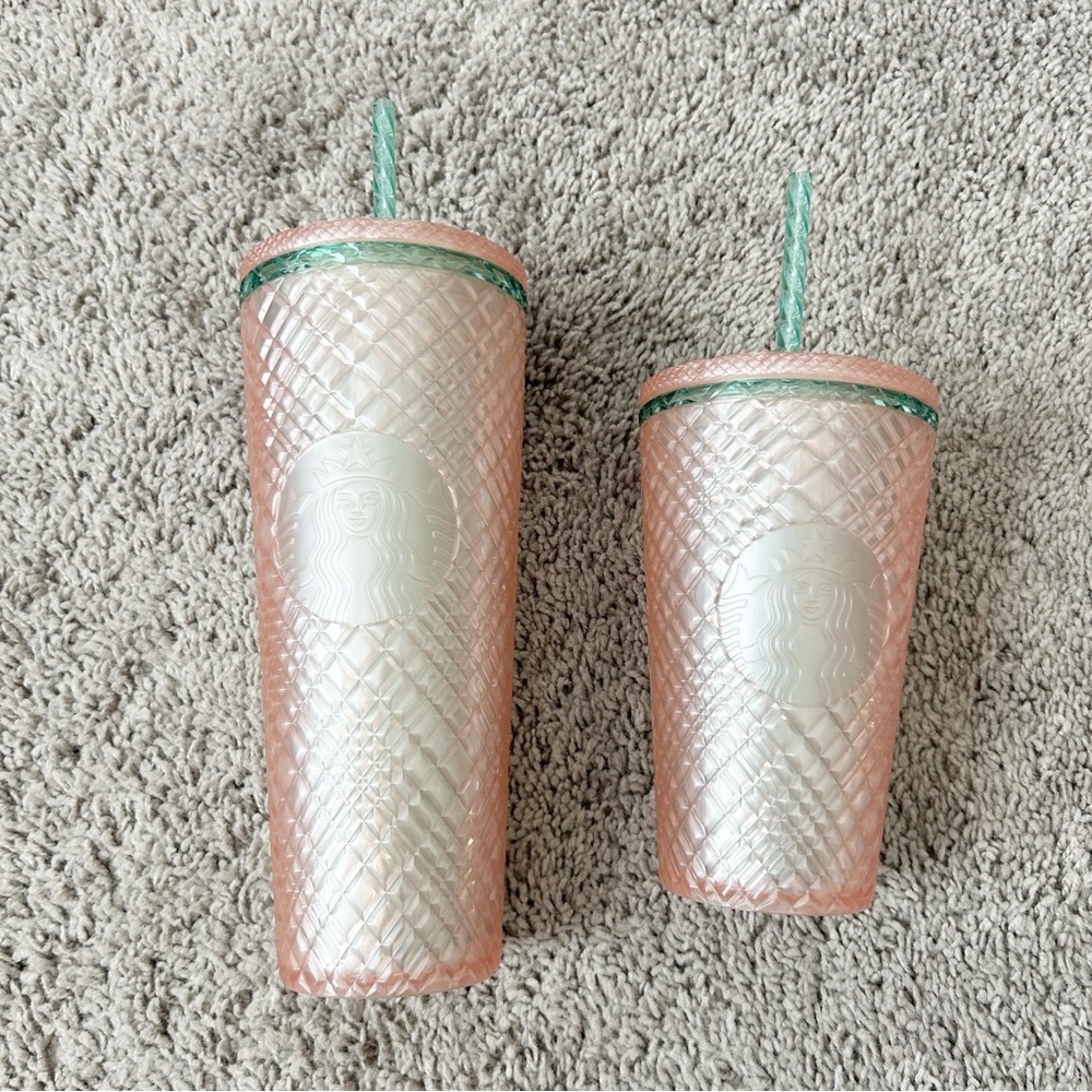New Starbucks Pearl Shiny Pink Set of 2 Diamond Tumblers 24oz & 16oz- Siren Logo